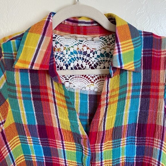 Soft Surroundings Gauzy Plaid Rainbow Oversized Button Down Shirt Petite Small - Picture 8 of 9